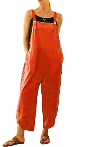 BRONG Tuta da donna, salopette casual sciolta, in morbido cotone lino, da donna, con spalline regolabili e tasche, Arancione, S (BR-Overalls-01)