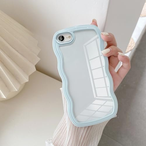 UEEBAI Case for iPhone 7/iPhone 8, Clear Case Cute Curvy Aesthetic Wave Wavy Frame Slim Fit Shockproof Phone Bumper Cover Translucent Soft Pretty Protective TPU Case for girls women - Baby Blue