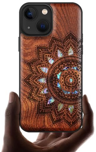 Carveit Funda para iPhone 13 Mini Case [Madera Funda + incrustación de mejillones] Compatible con MagSafe with Magnética Apple 13 Mini Carcasa (Rosa-Arte Mandala)