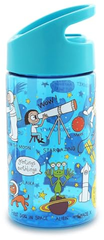Tyrrell Katz Kids Space Printed Flip Top Drinking Bottle in Blue with Straw - Dishwasher Safe Lightweight Children's School Water Flask - 400 ml