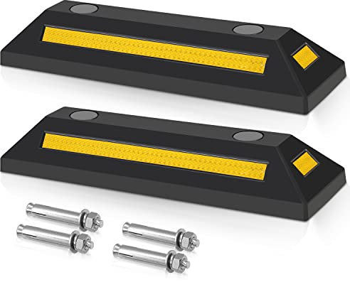 Fiqops 2 x Gummi Radstopper mit Gelb Reflektierende Streifen, 54x15x10cm Parkplatzbegrenzung, Parkplatzsperre, Parkstopper mit Dehnschraube, Parkplatzsperren für Parkplätze Garage Parkhäuser