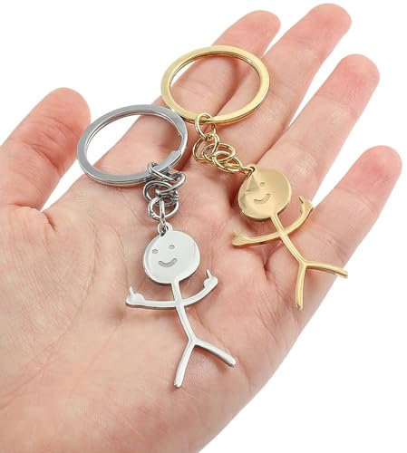 2 Pcs Porte clé doigt d'honneur, Doigt Stickman mignon porte cle drole, Voiture pendentif Couple cadeau porte-clés(1 or et 1 argent)