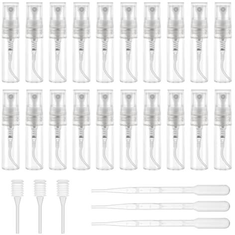 Sprühflasche Glas Klein, 20 Stück Zerstäuber Sprühflasche mit 3 Tropfer, 3 Strohhalm, Nachfüllbar Sprayflasche Leer, Reise Parfumzerstäuber Transparente für Wasser, Alkohol, Parfüm (3ml)