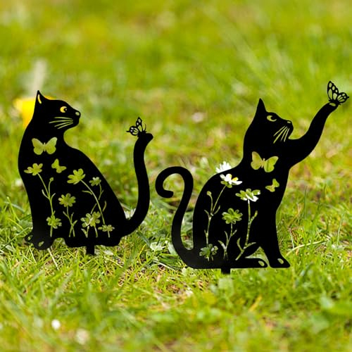 Suerhatcon Pack of 2 Cat Figurines - Metal Garden Stakes, Black Cat Silhouette Decorations for Garden, Lawn, Patio, Balcony, Home Decor