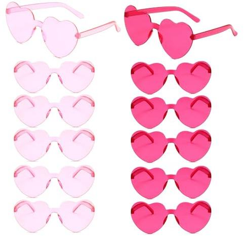 Ethlomoer 12 Pack Rimless Heart Glasses in Candy Colors - Fun Sunglasses for Barbie, Bachelorette, Hen Parties and More - Pink Heart Shades, Perfect for Pool Parties