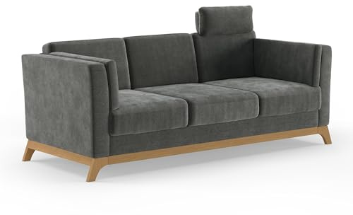 Cavadore 3er-Sofa Vida / 3-Sitzer Couch im trendigen Design mit massivem Holzrahmen in Eiche, Kopfstütze mit Kuschelkissen / 213 x 84 x 93 / Mikrofaser, Grauoliv