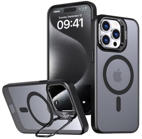 Kahper for iPhone 12 Case Compatible with Magnetic, Built-In Camera Stash Metal Stand, Military Shockproof Protective Slim Cover Case for iPhone 12 iPhone 12 Pro Magnetic, Translucent Matte Black