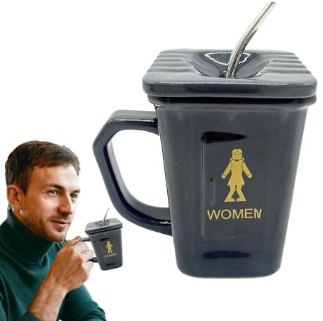 Tazza per la spazzatura con coperchio, tazza per WC, tazza da caffè, 450 ml, creativa, strana tazza in ceramica, con coperchio a forma di toilette, tazza per acqua calda e fredda