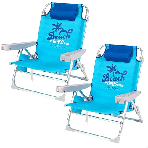 AKTIVE Pack de 2 sillas plegables multiposición para playa, jardín, terraza o camping, 5 posiciones, 53x58x80 cm, Incluye bolso, Posavasos, Topes antivuelco, Soporta 110 kg, Asas de transporte (85470)