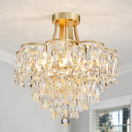 WUZUPS Kristall-Kronleuchter Flushmount Deckenleuchte Moderne Beleuchtung für Schlafzimmer Flur Bar Küche Badezimmer, H 49 x B 46. 5, E14 Base, Gold