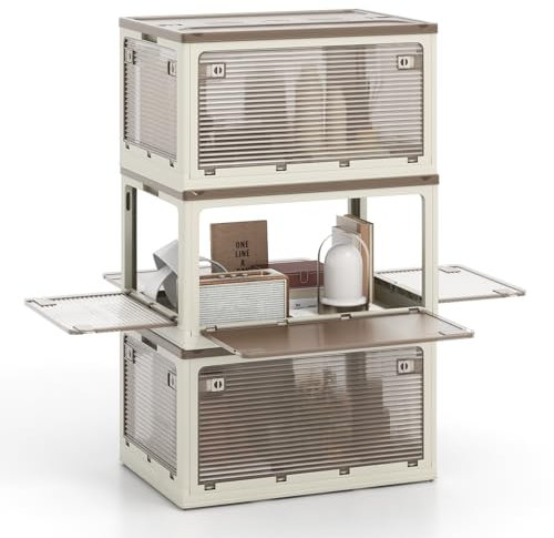 COSTWAY 3er-Pack Aufbewahrungsbox faltbar, 98L x 3 Stapelboxen Aufbewahrungsbehälter, Kunststoffbox mit Deckel, Rädern & 5 Türen, Rollboxen für Zuhause, im Büro & beim Camping (Weiß)