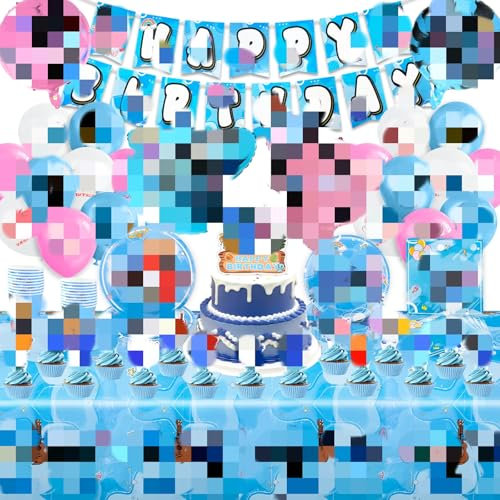 Partygeschirr Geburtstagsdeko, 99 Stück Birthday Decorations Party Deko Geburtstag Cake Topper Deko Teller Pappteller Kindergeburtstag Luftballons Tischdecke Geburtstag für 10 Personen