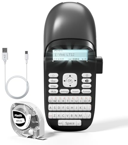 Label Maker, Handheld Label Printer, LT12 Bluetooth Label Maker Machine | Vixic Rechargeable Label Machine with Tape, QWERTY Keyboard, LCD Screen, Perfect for Office or Home (Grey)