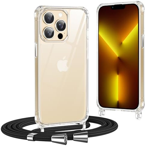 Coiwxmoi Coque pour iPhone 13 Pro avec Cordon 6,1, Ultra Mince Transparent Silicone + PC Antichoc Coque Collier Réglable Téléphone Housse Étui Portable Lanyard Protection Case pour iPhone 13 Pro,Noir