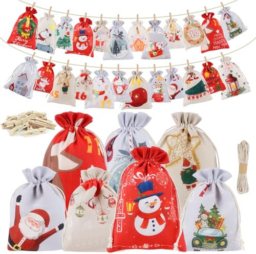 YSWOVUO Calendrier de l'avent a Remplir en Tissu 2024, 24 Sac pour Calendrier de l'avent, Jute Calendrier de l'avent Vide, Calendrier de l avent a Remplir Soit Meme avec Pinces à Linge et 10m Ficelle