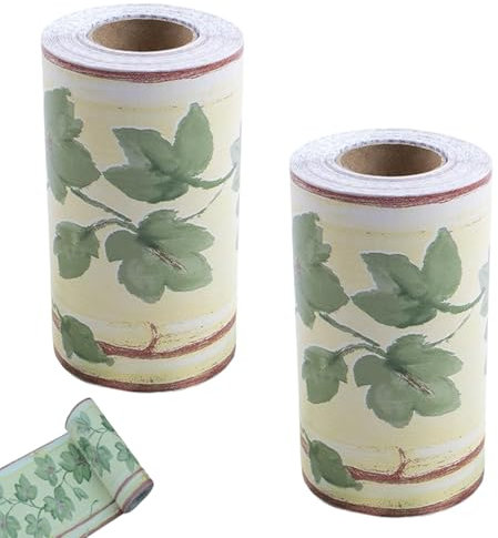 2Pcs Wallpaper Border Green Leaf 32.8 ft Long PVC Waterproof Wallpaper Borders Self Adhesive Peel And Stick Wallpaper Borders for Walls Living Room Bedroom Bathroom Kitchen, Wallpaper Border
