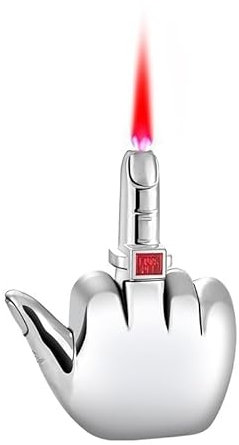 Lustiger Streich-Fackel-Feuerzeug, Mittelfinger, nachfüllbar, Butangas-Feuerzeug mit Fuk You Voice, Winddicht, rote Jet-Flamme, Zigarettenanzünder, Raucherzubehör(Silver)