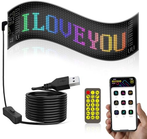 Zickdom Panneau Affichage LED,Yeux LED pour Camion,Flexible Panneau LED Voiture, contrôle APP + télécommande, Programmation Personnalisable, étanche et résistant au Soleil 34.8×10.2cm/20×64px