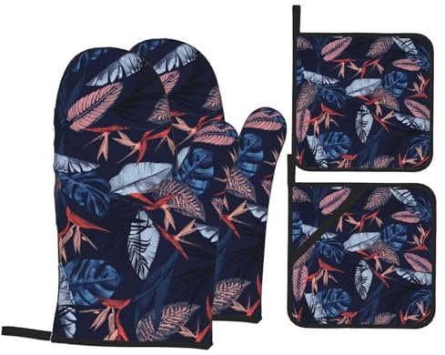 Set di 4 guanti da forno e presine a forma di uccello, blu e arancione, set da 4 pezzi, decorazione per la casa, per la cucina,