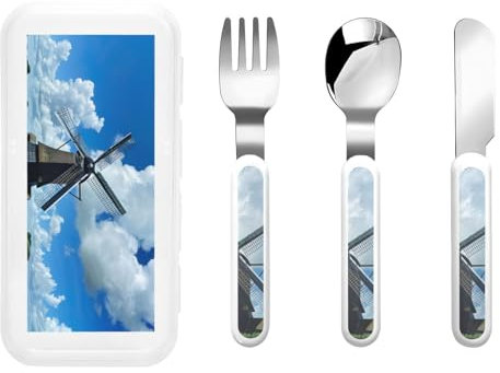 Windmill Blue print Utensils,Fork Knife and Spoon Set,Ideal for School Lunch, Travel and Outdoors Activities