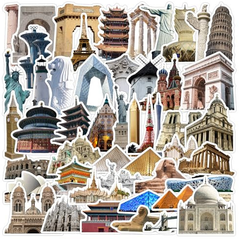 EUFFO Wahrzeichen Aufkleber 50 Stück, Vintage Reisen Sticker für Koffer Scrapbook Journal MacBook Laptop Fahrrad Motorrad Skateboard Helm Auto, Retro Wasserfeste Sticker