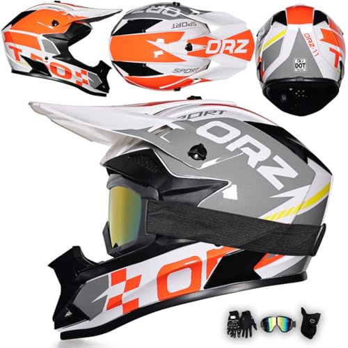 MODRYER Motocross Helm Fullface Downhill Motorradhelm Mit Brille Handschuhe Maske, Kinder Erwachsene MTB Helm Enduro Integralhelm ATV Quad BMX MTB Helmet Für Damen Herren,White-M