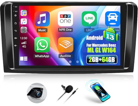 OiLiehu 2G+64G Android 13 Autoradio pour Mercedes Benz ML GL W164 ML350 ML500 GL320 X164 ML280 avec CarPlay Android Auto sans Fil, 9“ Écran Tactile avec GPS WiFi Bluetooth FM/RDS EQ SWC Caméra