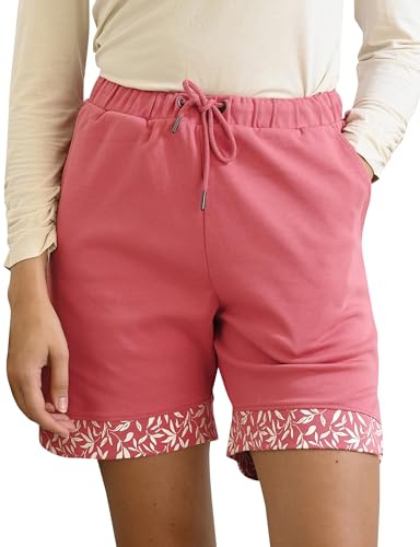 Enorsia Womens Bermuda Shorts Cotton Loose Fit Summer Shorts with Elastic Waist, Drawstring, Back Pocket, Side Slit & Leaf Print Hem for Casual Beachwear (UK, Numeric, 10, Regular, Regular, Red)