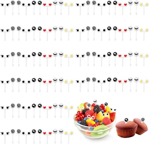 120 tenedores de frutas para niños, mini eyes, tenedores de frutas, bonitos tenedores de frutas reutilizables para frutas, mini palillos de frutas, dulces, ojos de dibujos animados, tenedor de frutas
