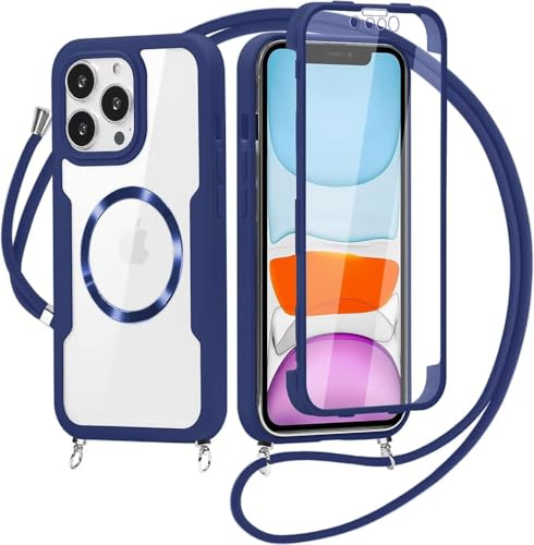 Beajew Handyhülle für iPhone 11 Hülle mit Band, 360 Grad Stoßfest Schutzhülle mit Eingebautem Displayschutz Necklace mit Abnehmbar Kordel zum Umhängen Transluzente Schutzhülle - Blau