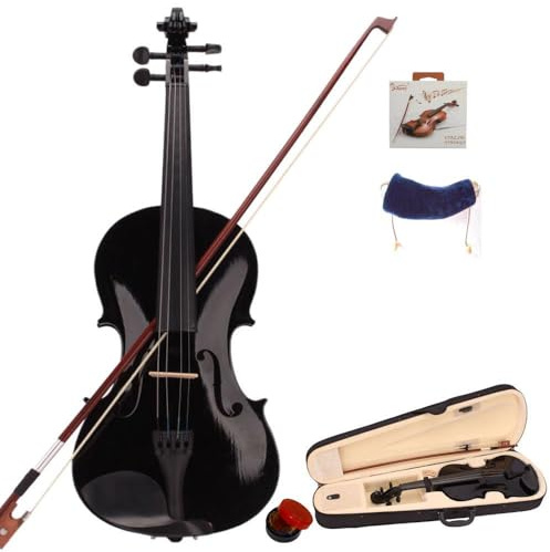 LEADZM 4/4 Violin Set Full Size, Geige mit Etui, Bogensehne, Kolophonium, Gefederte Schulterstütze, Massivholzgeige für Anfänger (Schwarz)
