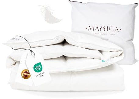 maxiga Winter Daunendecke 200x220 cm – 50 % Gänsedaunen & 50 % kleine Daunenfederchen, extra warm 3000g, atmungsaktiv, Oeko-TEX Zertifiziert, Allergikerfreundlich, Baumwollhülle