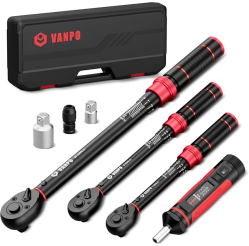 VANPO Drehmomentschlüssel 1/4 3/8 1/2, 7 Teilig Set 1-25Nm 5-60Nm 20-220Nm | Torque Wrench Set mit Drehmomentschraubendreher 1-8Nm, ±3% Fehlergenauigkeit, für Fahrrad, Motorrad, Auto Reparatur