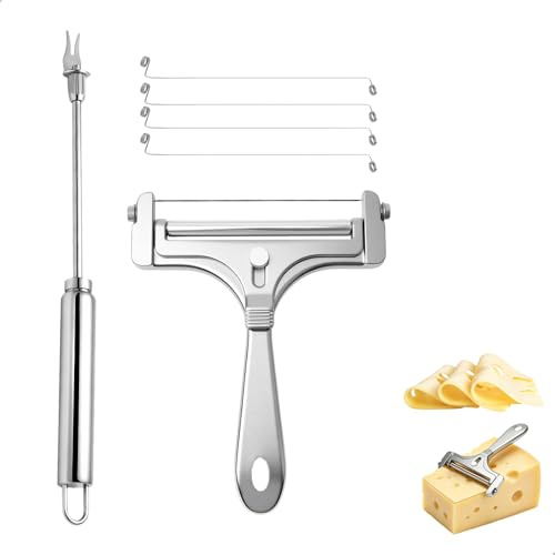 jinminamz Cortador De Queso, Tijeras Cortar Queso, Acero Inoxidable Rebanadora De Embutidos y 4 Fils SuppléMentaires, Grosor Ajustable Corta Queso Para Cortar Cuchillo queso