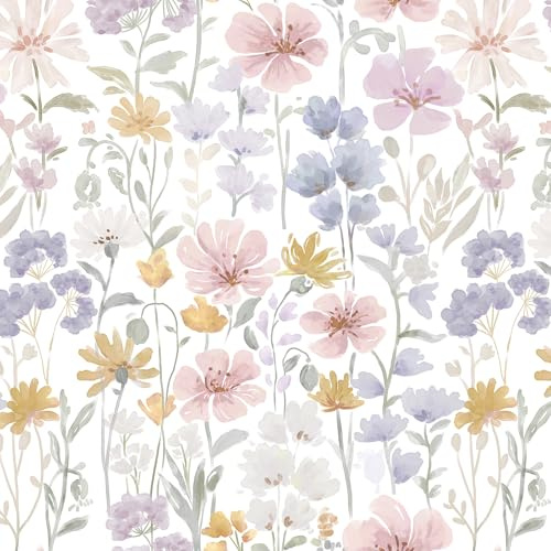 CiCiwind Self Adhesive Wallpaper White Pink Floral Contact Paper 17.32''×118.11'' Peel and Stick Wallpaper Watercolour Wildflower Stick on Wallpaper Waterproof Vinyl Wrap for Wall Furniture