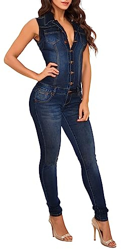 Zanisouta Jeans tuta da donna a maniche corte, aderente, skinny fit, denim, salopette, pantaloni lunghi con tasche, leggings leggeri