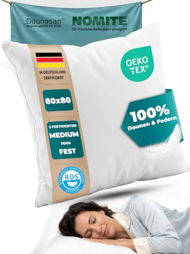 Nachtengel Daunenkissen 80x80 – 3-Kammer Kopfkissen - Fest 1700g | Federkissen 100% Daunen & Federn, 100% Baumwollbezug, Oeko-Tex geprüft, allergikerfreundlich, DE-zertifiziert – 80x80, 1700g