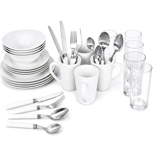 36 Piece White Porcelain Dinner Set for 4 | Includes Dinner Plates, Side Plates, Bowls, Mugs, Glass Tumblers & Stainless Steel Cutlery | Dishwasher & Microwave Safe