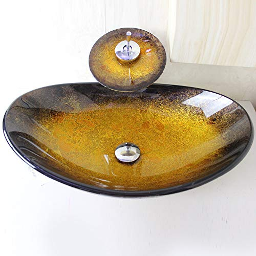 chicstyleme Aufsatzwaschbecken Retro Waschbecken für Badezimmer, Modernes Waschbecken mit Wasserhahn Waschschüssel Waschbecken Set Gehärtetes Glas Waschbecken Set Oval 54,5 x 37 x 15,5 cm
