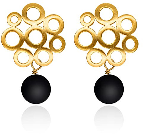 Tamii - Ohrringe gold-schwarz, runde matte Retro-Ohrstecker mit schwarzer Onyx-Perle, handmade, Damen Schmuck, Geschenk für Sie
