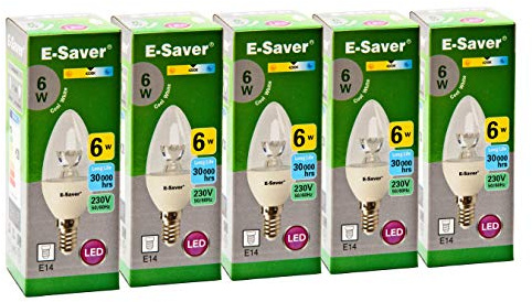 E-Saver - LED C37 Clear Candle 6w- Led Light Bulbs - (Pack of 5) - 4200k Cool White LED Bulbs - E14 - Small Edition Screw (SES) - Replaces 60w Halogen Candles - New Chip Technology - Non Dimmable
