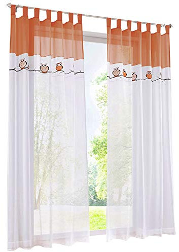 BAILEY JO 1PC Gardine mit Eule Stickerei Vorhange für Kinderzimmer Transparent Voile Vorhang (BxH 140x225cm, orange mit schlaufen)