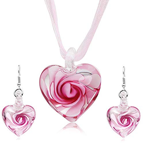 Aituo Murano inspiriert Spirale Blume herzförmigen farbigen Glasur Halskette Ohrringe gesetzt (Rosa)