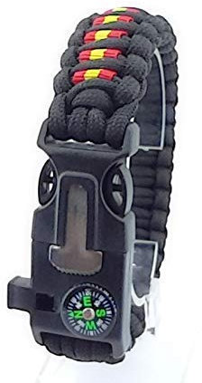 Pulsera de supervivencia ESPAÑA a medida 5 EN 1 con silbato, brújula, pedernal, raspador y cuerda de paracord 550 tipo III. Hecha a mano en España. Color NEGRO.