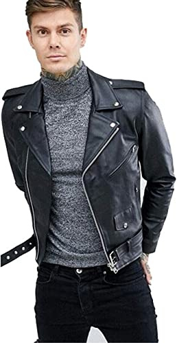 Lishow Fashion Men's Biker Rider Motorcycle Motorbike Rocker Retro Genuine Cowhide Black Leather jacket By Reclaimed Vintage (US, Alpha, XX-Large, Regular, Regular, Black)