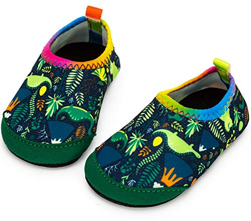 Yorgou Baby Strandschuhe Schwimmschuhe Badeschuhe Wasserschuhe Schnelltrocknende Aquaschuhe rutschfest Barfuss Schuh für Kinder Beach Pool, Dinosaurier/Grün(fersenschutz), 17/18 EU