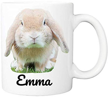 Personalised Fluffy Bunny Rabbit Easter Mug (11oz) White Mug with Name on Cute Fluffy Rabbit Print Design Novelty Coffee Cup Present