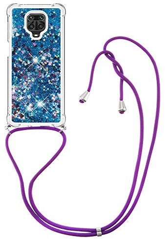 MRSTER Funda con Cuerda para Xiaomi Redmi Note 9S, Bling Glitter Líquido Carcasa Moda Ajustable Collar Correa Protección Case para Xiaomi Redmi Note 9 Pro. LP Love Blue