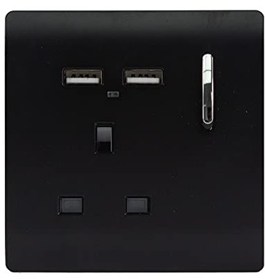 Trendi 1 Gang Single Switched Screwless Artistic Modern Glossy 13 Amp 2x Type A 2.1A USB Charging Port 13A Wall Outlet Plug Socket in Matt Black - ART-SKT13USBMBK