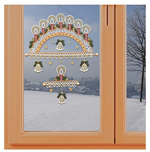 Fensterbild Lichterbogen - Windspiel aus Vogtländischer Spitze | Deko Advent mit Sternen, Kerzen und Glocken | Spitzenbild Höhe x Breite 35 x 24 cm | Geschenkidee Weihnachten inkl. Saughaken